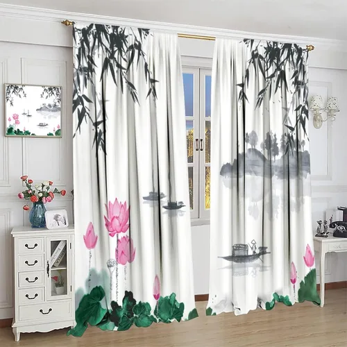 Vista 4 de Cortinas con estampado de bambú, diseño de loto rosa asiático japonés, tela de poliéster, tratamiento de ventana para dormitorio, sala de estar