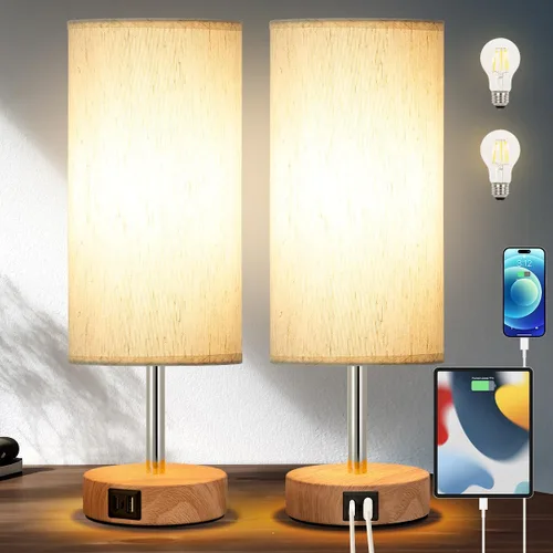 Vista 9 de Yarra-Decor Lámparas de noche con puerto USB, lámpara de mesa con control táctil para dormitorio, de madera, de 3 vías, regulable, juego de 2