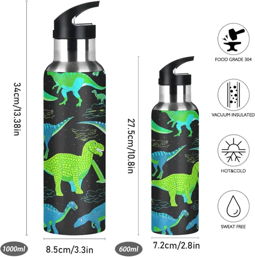 Vista 2 de Botella de agua de acero inoxidable de 32 onzas, botellas de agua a prueba de fugas para gimnasio, viajes al aire libre, escuela, dinosaurios