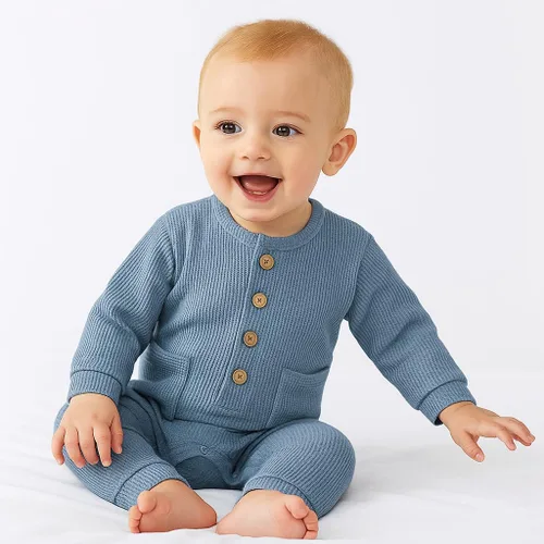 Vista 2 de Conjunto de dos piezas para bebé niño y niña, mono liso de manga larga acanalado de punto de algodón Azul y azul oscuro.