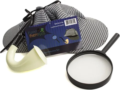 Vista 8 de Funny Party Hats Sherlock Holmes - Kit de detective, sombrero blanco y negro, tubo de disfraz y lupa de trabajo, perfecto para fiestas de disfraces