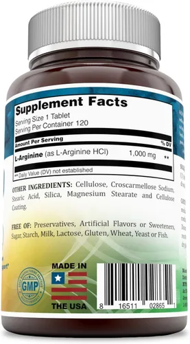 Vista 3 de L-Arginina 1000 mg 120 tabletas Suplemento dietético - Apoya la salud cardiovascular - Apoya las funciones del sistema inmunológico - Promueve