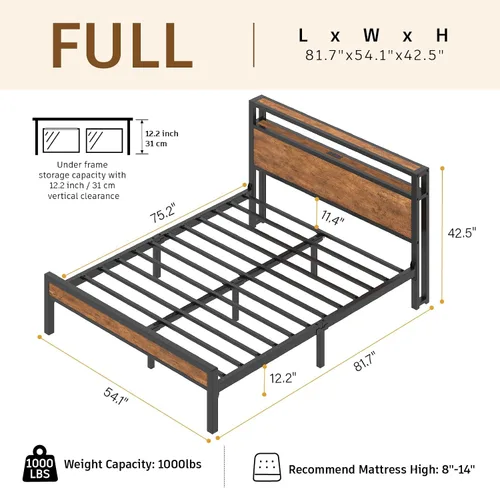 Vista 2 de E-Motie Base de cama de tamaño matrimonial con luces LED y estación de carga, cabecera de almacenamiento de madera con estantes de 2 niveles