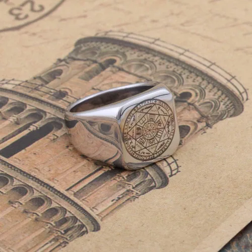 Vista 4 de Dacai The Seals of the Seven Arcángeles Protección Amuleto Seal Salomon Kabbalah Mens Womens Stainless Steel Polished Ring, Metal