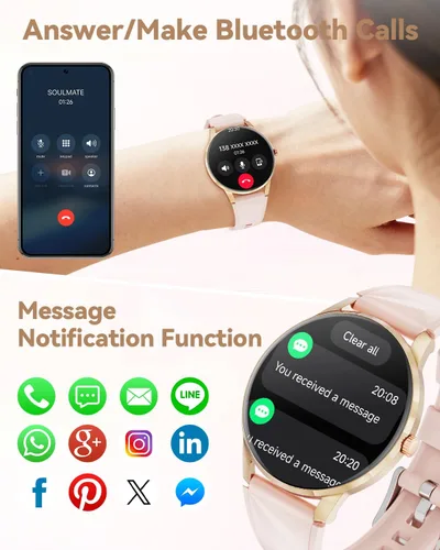 Vista 3 de Reloj inteligente para mujer, Android/iPhone, pantalla AMOLED de 1.32 pulgadas con respuesta/hacer llamadas/rastreador de ejercicio/frecuencia