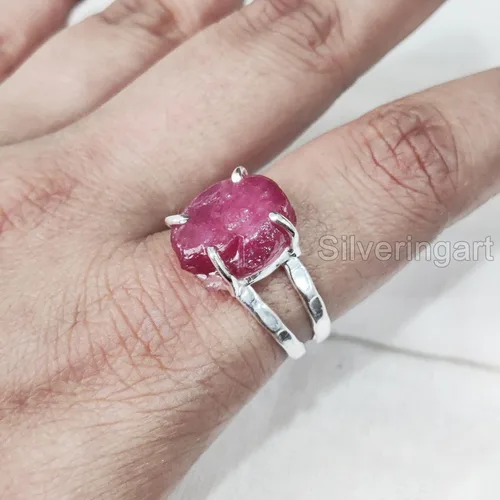 Vista 4 de AAA Natural Ruby Ring, Rough Ruby Gemstone Ring, July Birthstone, 2 Hammered Band, 925 Sterling Silver, Womens Ring, Christmas, Thanksgiving