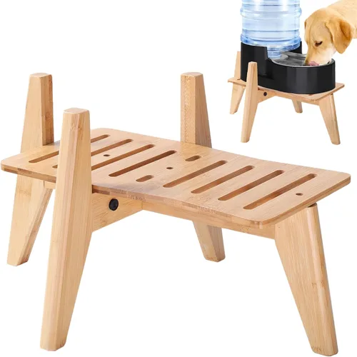 Vista 12 de Soporte para dispensadores de alimentos de agua para perros, adecuado para razas medianas, soporte de bambú para comederos automáticos elevados