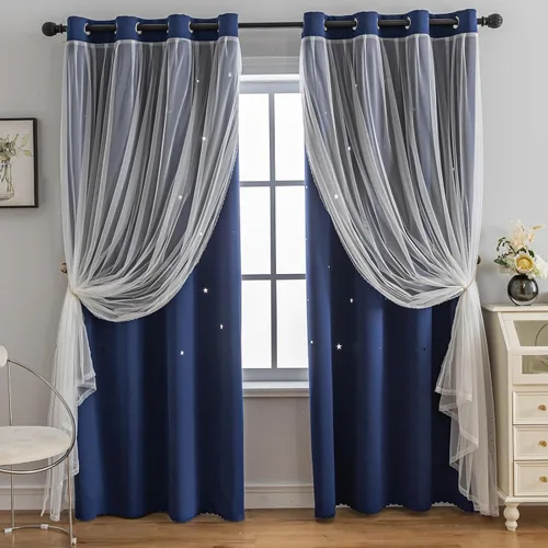 Vista 35 de Anytime - Cortinas para dormitorio de niñas con estrella hueca, cortinas opacas para habitación de niños, cortinas largas para oscurecer