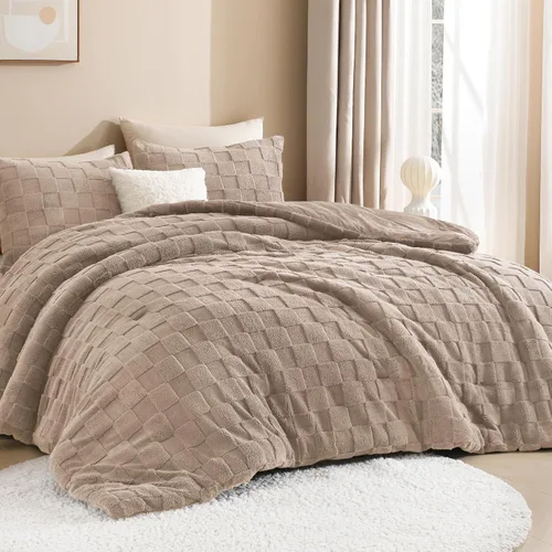Vista 19 de Litanika - Juego de edredón esponjoso tamaño individual color beige, 3 piezas, ropa de cama de sherpa de felpa cálida para invierno, juego de cama