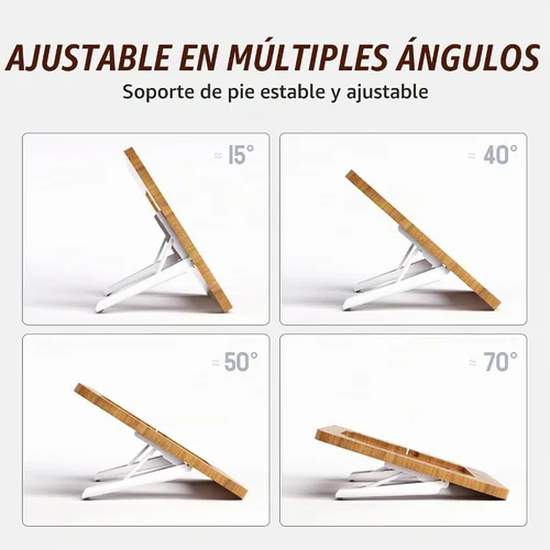 Vista 6 de AFOOYO Soporte de dibujo de bambú para tableta, portátil y ajustable, 5 ángulos, soporte elevador para laptop, soporte de lectura de libros