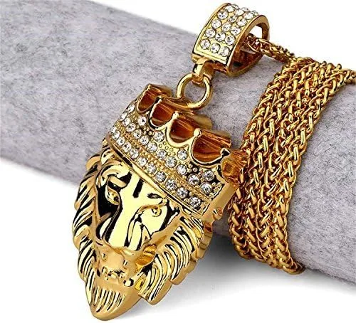 Vista 3 de Hip Hop Jewelry - Colgante de cabeza de león con corona de oro, diamantes de imitación transparentes, juego de puntas de diamantes, cadena cubana