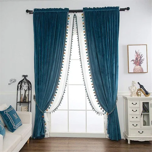 Vista 4 de Gxi Cortinas de terciopelo para sala de estar, cortinas con aislamiento térmico y pompones, cortinas de lujo con bolsillo para barra