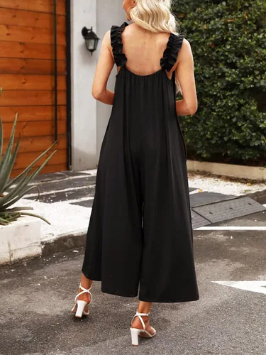 Vista 5 de MIEAZOM Enterizo sin mangas de pierna ancha para mujer, estilo casual, con volantes, tirantes delgados, elásticos, holgados, pantalones largos