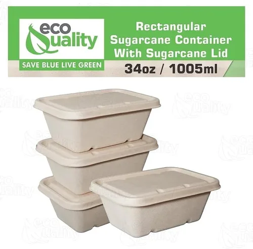 Vista 3 de EcoQuality Cuencos desechables de 34 onzas con tapas de fibra, cuencos rectangulares de papel biodegradable de fibra de caña de azúcar compostable
