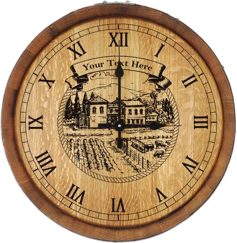 Vista 2 de Reloj personalizado de barril de vino con diseño de Hacienda de bodega antigua - Central Coast Creations - Muebles de barril de vino