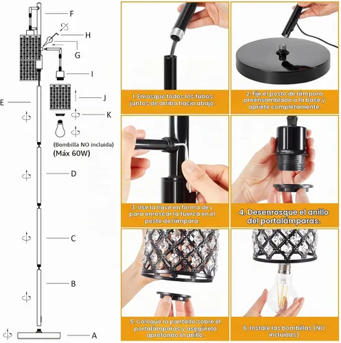Vista 6 de Lámparas de pie de cristal GyroVu para sala de estar, lámpara de pie negra de 3 luces, lámpara alta de pie con elegante pantalla de cristal K9