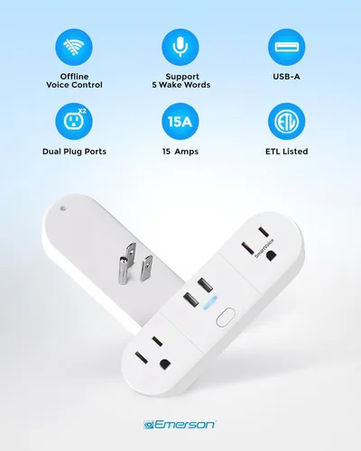 Vista 7 de Emerson SmartVoice - Enchufe de pared 4 en 1, tomacorriente inteligente controlado por voz con 2 salidas de CA y 2 puertos USB-A, sin WiFi, sin