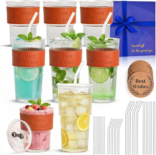 Vista 7 de 4-Pack 20oz Ribbed Glass Tumbler Set, Reusable Glass with Lids & Straw