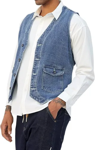 Vista 7 de LONGBIDA Chaleco de mezclilla para hombre, casual, ajustado, sin mangas, para exteriores