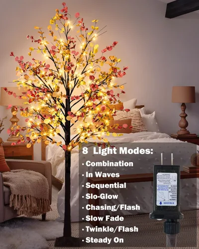 Vista 5 de Árbol de eucalipto de otoño iluminado, árbol de otoño sintético de 7 pies con 128 luces LED, árbol de eucalipto artificial iluminado para otoño