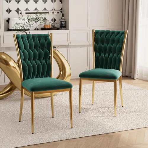 Vista 15 de Juego de 2 sillas de comedor de terciopelo, modernas sillas de cocina tejidas con patas de metal dorado, cojín tapizado con respaldo alto