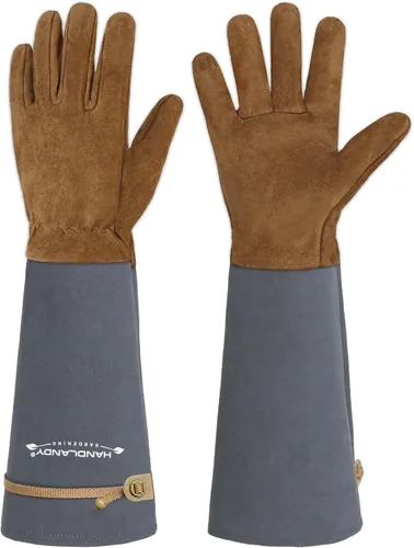 Vista 12 de HANDLANDY Guantes de poda largos para hombres y mujeres, de piel de cerdo, guantes de jardinería de rosas, guantes transpirables y duraderos