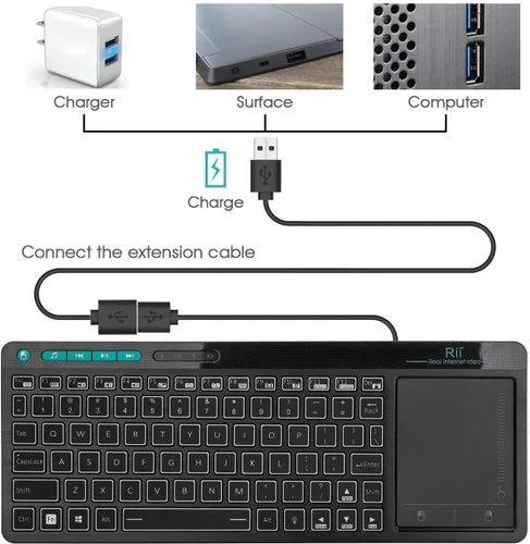 Vista 7 de Rii K18 Plus Teclado multimedia inalámbrico de 3 LED a color retroiluminado con panel táctil de gran tamaño, teclado recargable para Android TV Box