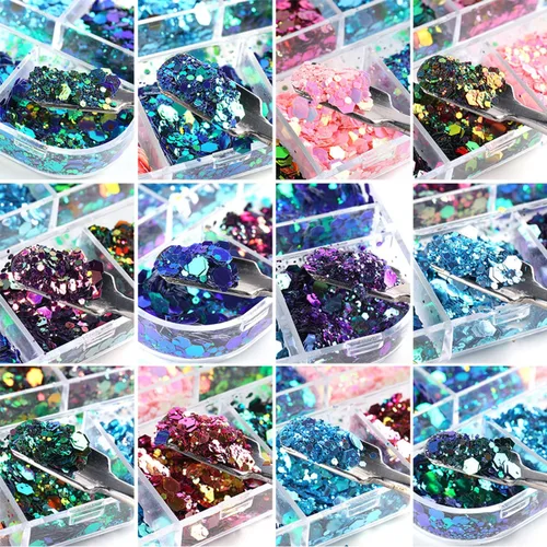 Vista 5 de Lentejas de purpurina camaleón para uñas, lentejuelas de arte de uñas holográficas 3D con gradiente láser, polvo de purpurina brillante en gel UV