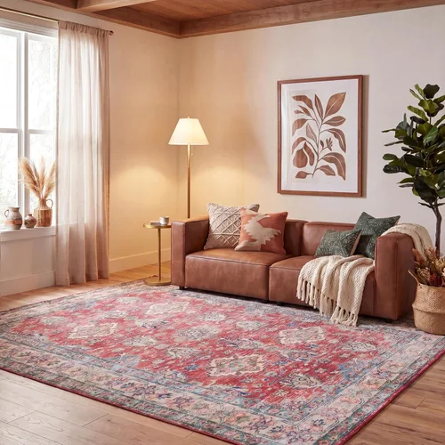 Vista 13 de SAFAVIEH Alfombra lavable Tucson Collection - 2 pies 6 pulgadas x 4 pies, azul marino y beige, antideslizante, ideal para zonas de alto tráfico