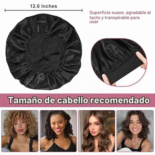 Vista 3 de 4 piezas de gorro de satén de seda, gorro de cabello para dormir, gorro de seda elástica de banda ancha para dormir, suave y transpirable Negro