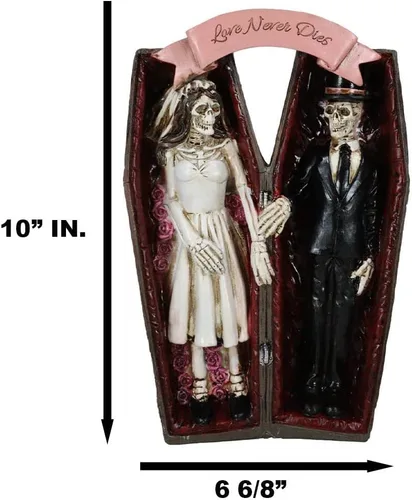 Vista 2 de Ebros Gift Love Never Dies - Figura decorativa de 10 pulgadas de alto, esqueleto de boda, pareja nupcial tomados de la mano dentro del ataúd