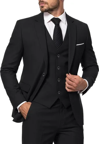 Vista 18 de MY'S Conjunto de traje de 3 piezas para hombre con corbata, chaqueta ajustada de un botón, chaleco y pantalones, blazer para fiestas, bodas, bailes