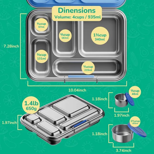 Vista 4 de AOHEA Caja Bento de Acero Inoxidable para Niños, Caja de Almuerzo Bento de Metal para Niños, Envases de Almuerzo Libres de BPA, Caja Bento de Acero