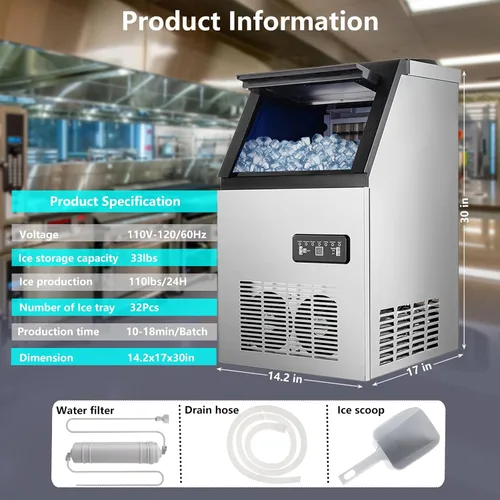 Vista 2 de SmarketBuy Máquina comercial para hacer hielo de 110 libras/24 horas, contenedor de 33 libras, máquina de cubitos de hielo de 220 W de bajo consumo