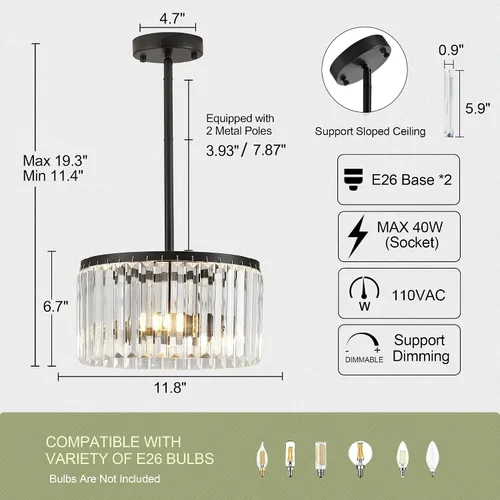 Vista 2 de Moderna lámpara de techo de cristal semiempotrada negra de 12" para comedor, candelabro pequeño de lujo glamoroso de 2 luces para dormitorio