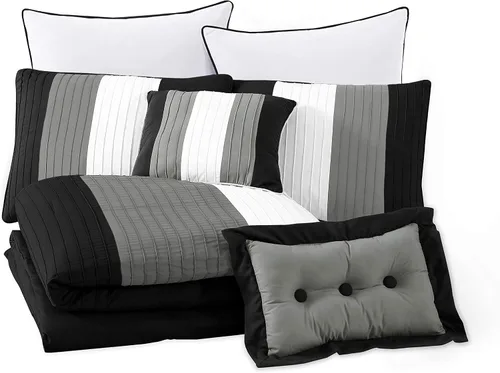 Vista 3 de Chezmoi Collection Loft - Juego de edredón de lujo a rayas de 6 piezas (tamaño individual, negro/gris/blanco)