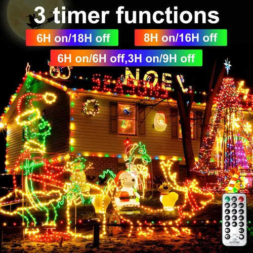 Vista 7 de Luces de Navidad que cambian de color, 98 pies, luces de Navidad para exteriores, 11 modos, impermeables, enchufables, luces parpadeantes