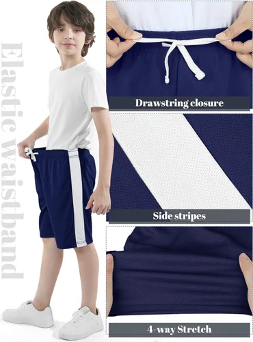 Vista 5 de Resinta Paquete de 4 pantalones cortos deportivos para niños, de baloncesto, de malla, de secado rápido, pantalones cortos de fútbol para el verano