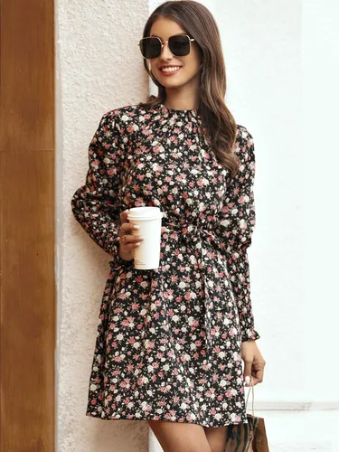 Vista 4 de Floerns Vestido corto de manga larga con cuello alto falso para mujer