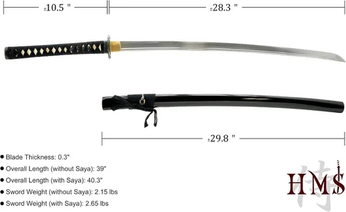 Vista 5 de HMS Espada katana samurai japonesa, Tsuba con patrón de bambú, forjada a mano, acero al carbono 1095, templado con arcilla, espiga completa, afilada
