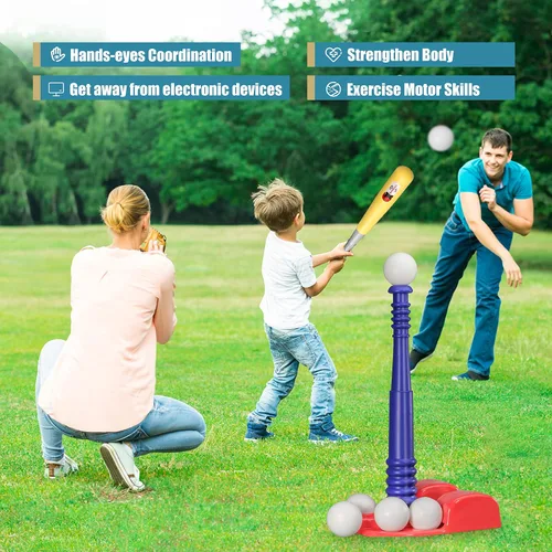 Vista 6 de BELLOCHIDDO Juego de pelotas para niños Los juegos de béisbol incluyen bate de béisbol retráctil bases de béisbol y 6 pelotas juguetes deportivos