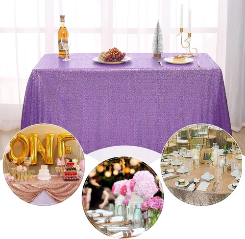 Vista 3 de nanbowang Mantel de lentejuelas color morado claro para fiestas, rectangular, superposición de tela de lentejuelas, manteles de mesa de cumpleaños