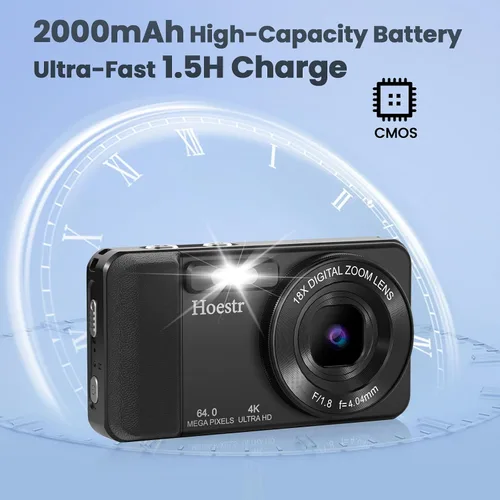 Vista 8 de Cámara digital 4K de 64MP, Hoestr Cámara compacta de punto y disparo con zoom 18X y enfoque automático con tarjeta TF de 64GB, flash, pantalla LCD