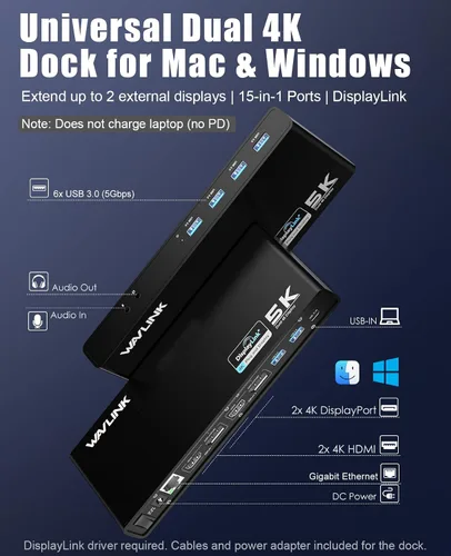 Vista 2 de Estación de acoplamiento WAVLINK Displaylink Dual 4K @60Hz Monitor para Mac, Windows Universal For USB 3.0/USB-C Laptop, 2 HDMI/DP, Gigabit
