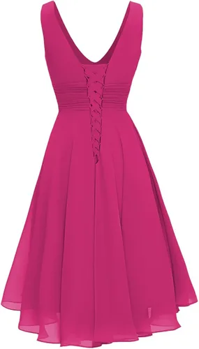 Vista 2 de ChongXiao Vestido de dama de honor corto de gasa con cuello en V y cintura fruncida para mujer, vestido corto de dama de honor CX129, Fucsia