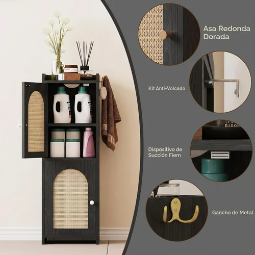 Vista 4 de Arbuxzuy Gabinete de almacenamiento de baño de ratán con 2 puertas y Ratán negro