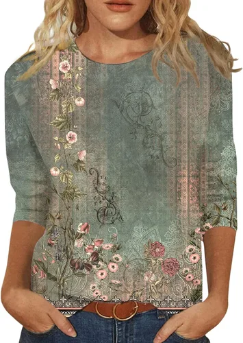 Vista 66 de Camisetas personalizadas para mujer, a la moda, casual, de séptima manga, estampada, cuello redondo, camiseta