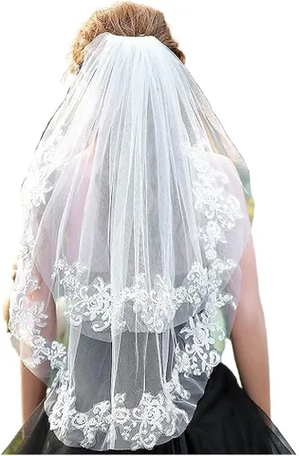 Vista 5 de Velo de novia de 2 niveles de encaje de flores con peine de novia accesorios para novias