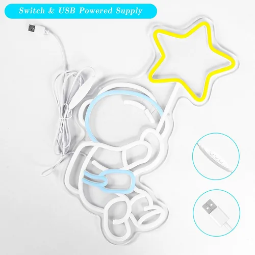 Vista 5 de Letrero de neón de estrella de astronauta, luz LED de neón para decoración de pared, regulable, astronauta sosteniendo estrellas, luces