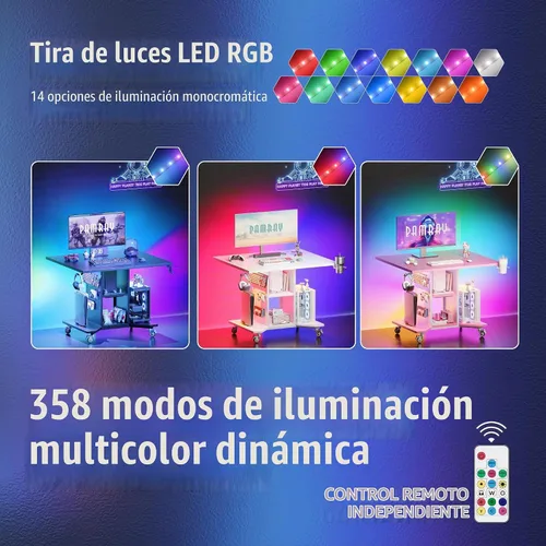 Vista 4 de Pamray Escritorio pequeño con ruedas para juegos con luces LED, tomas de corriente y tablero de clavijas de almacenamiento, mesa compacta para Negro